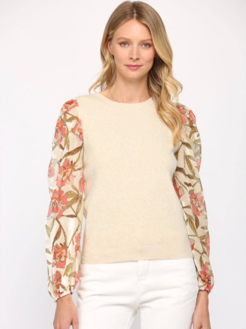 Fate Women's Oatmeal Floral Sleeve Sweater